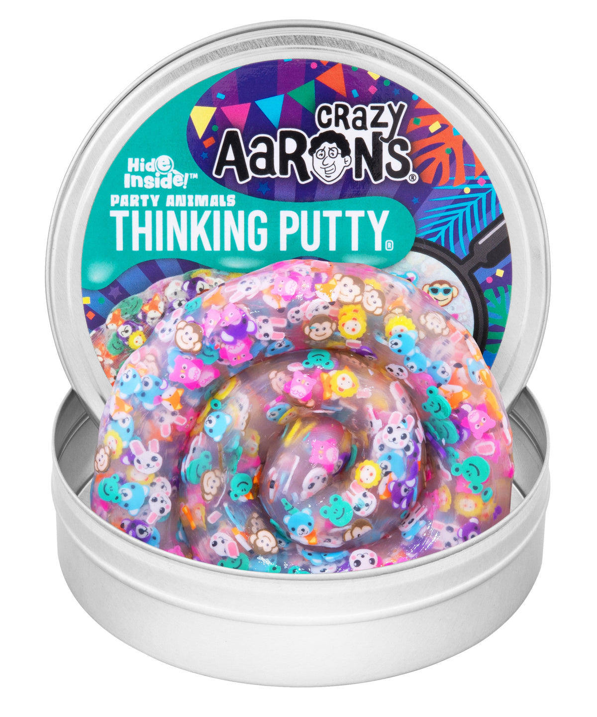 Crazy Aaron's Party Animals Thinking Putty in an open round tin filled with tiny colorful animal faces