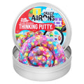 Crazy Aaron's Arcade Adventure Thinking Putty in an open metal tin with colorful arcade-themed pieces