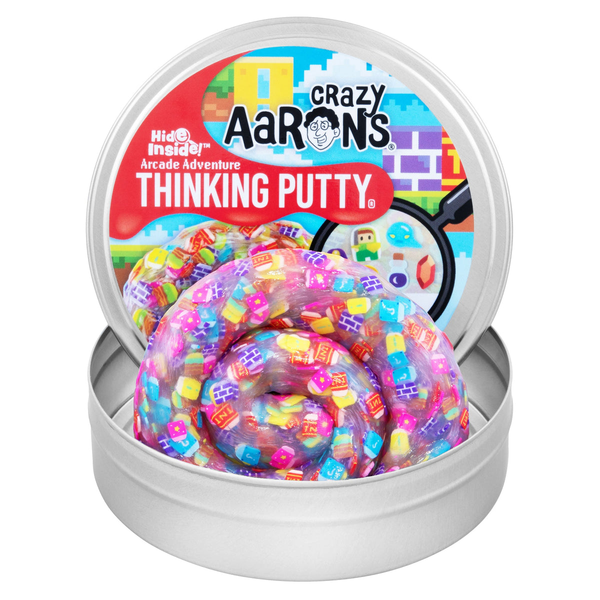 Crazy Aaron's Arcade Adventure Thinking Putty in an open metal tin with colorful arcade-themed pieces