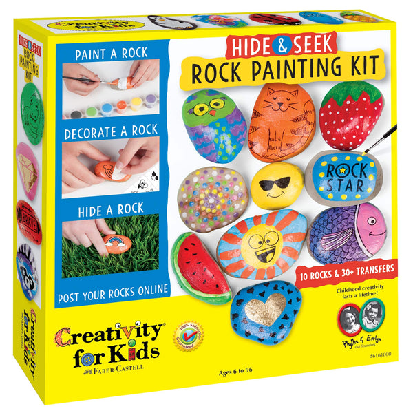 Creativity for Kids Hide and Seek Rock Painting kit with 10 painted rocks shown on box