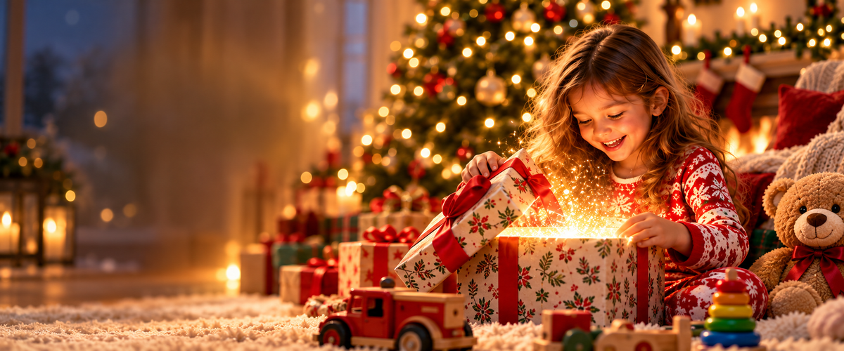 Child opening a glowing holiday gift next to a teddy bear by the Christmas tree
