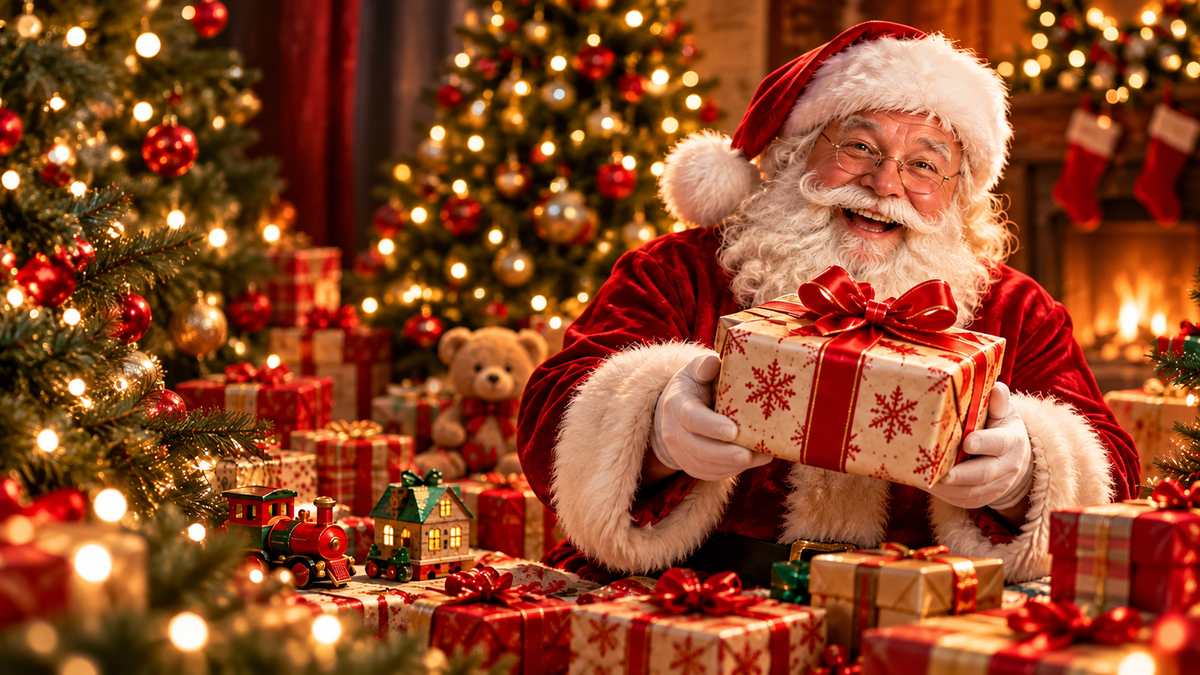 Smiling Santa Claus holding a wrapped gift next to a Christmas tree and fireplace