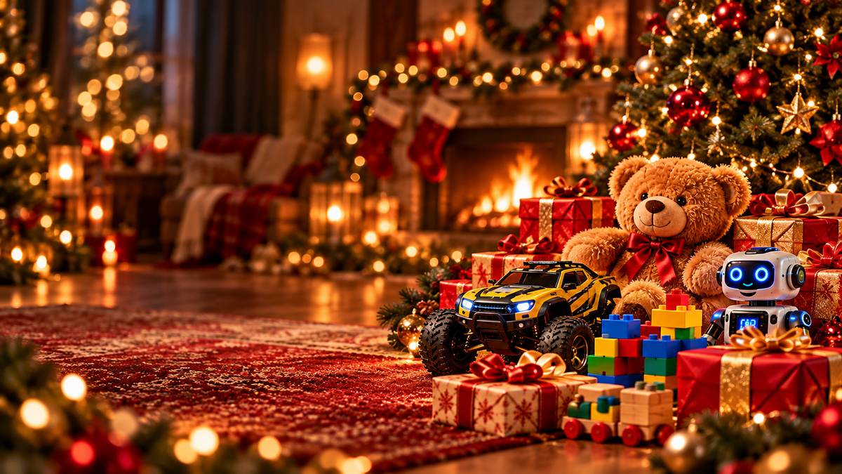 Christmas toys and wrapped gifts by a cozy fireplace