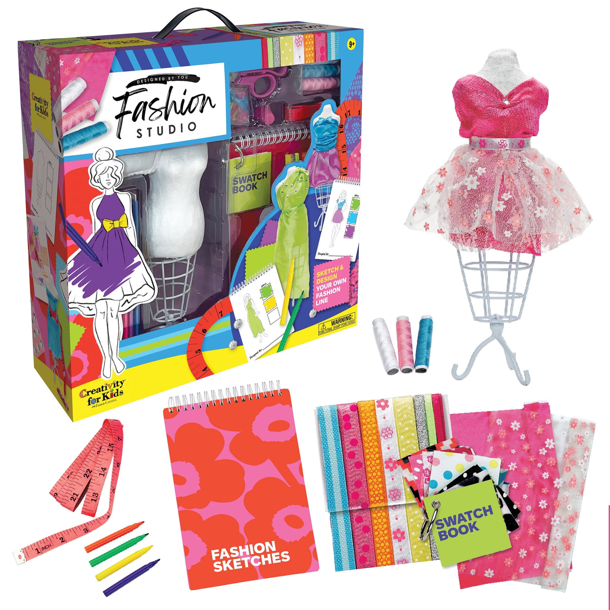 Creativity for Kids Designed by You Fashion Studio kit with dress mannequin fabrics and sketch supplies