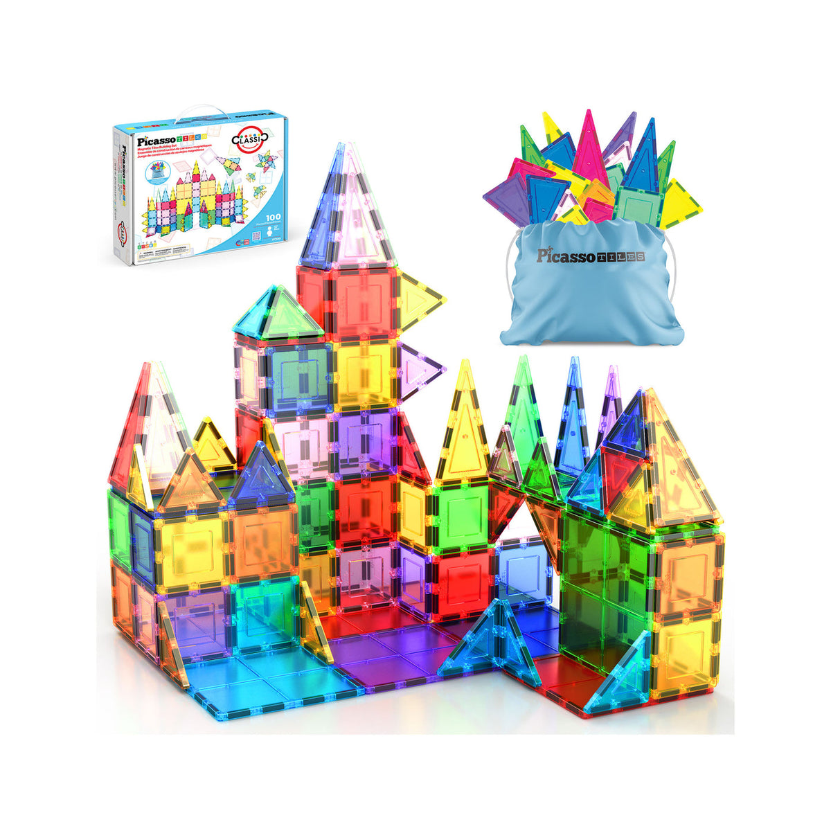 PicassoTiles PT100 classic 100-piece colorful magnetic building tile set shown as a castle with box