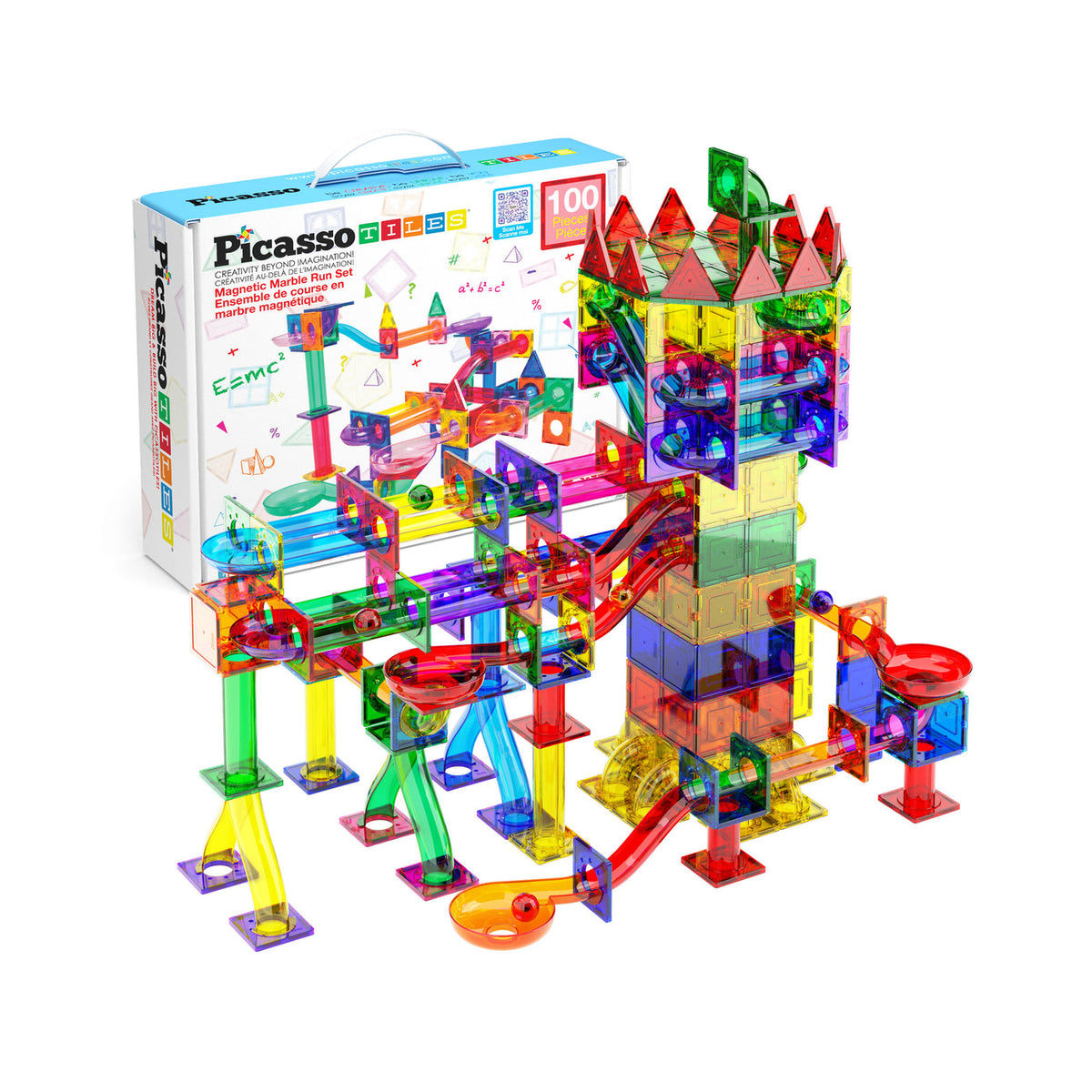 PicassoTiles PTG100 100-piece colorful magnetic marble run track with packaging