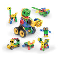 PicassoTiles PTN105 engineering kit shown as colorful built vehicles and toy figures