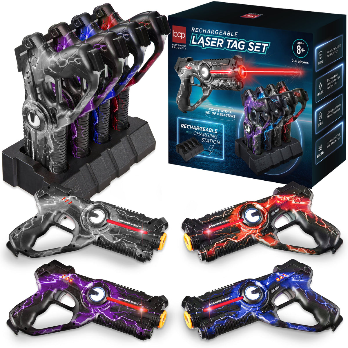 Best Choice Products four rechargeable laser tag blasters with charging station and package