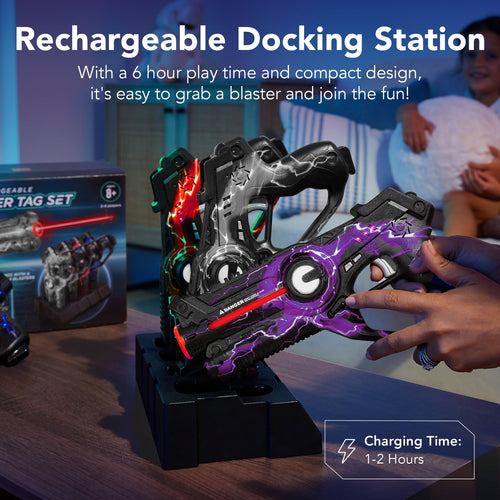Four rechargeable laser tag blasters displayed on the charging station