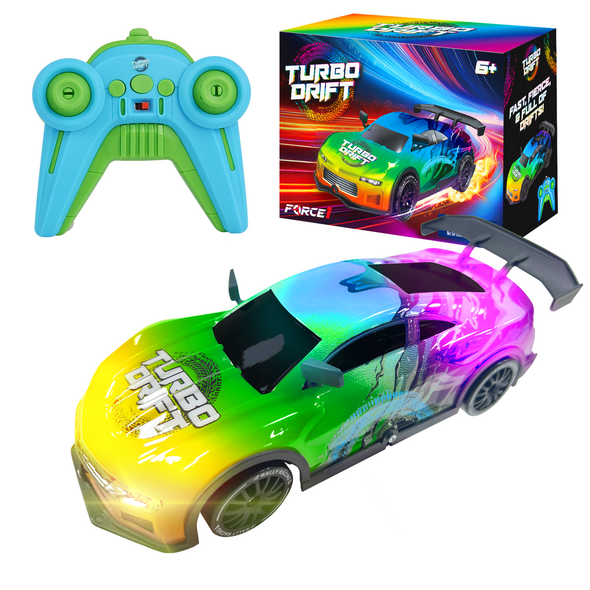 Force1 High-Speed Turbo Drift Racing RC Car - Multicolor, remote control toy on white background