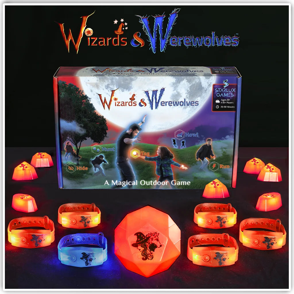 Wizards and Werewolves glowing game components displayed together