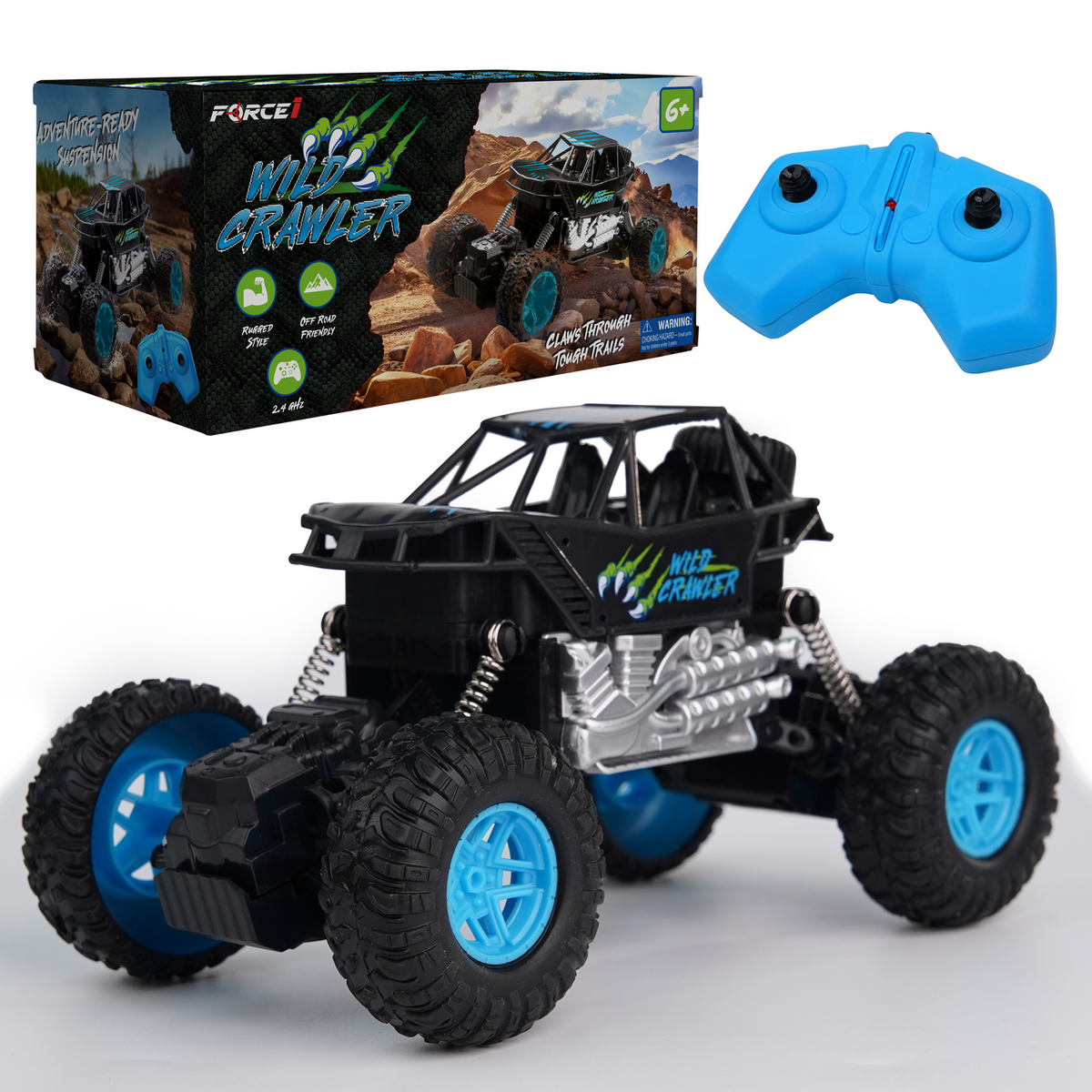 Force1 Wild Crawler 4WD RC Monster Truck - Black and Blue, remote control toy on white background
