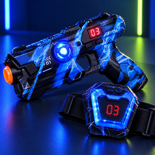 Close-up of a blue BEAM RIVALS toy blaster and wearable infrared chest sensor