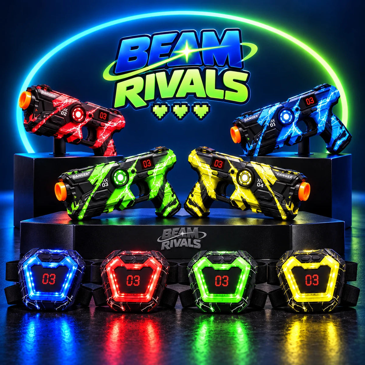 Four colorful BEAM RIVALS NEON infrared laser tag blasters with matching chest targets